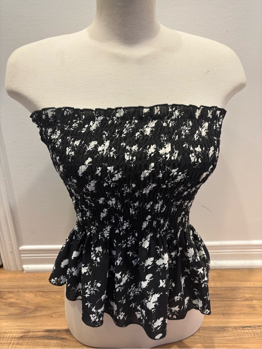 Smocked Strapless Peplum Dress in Black Floral